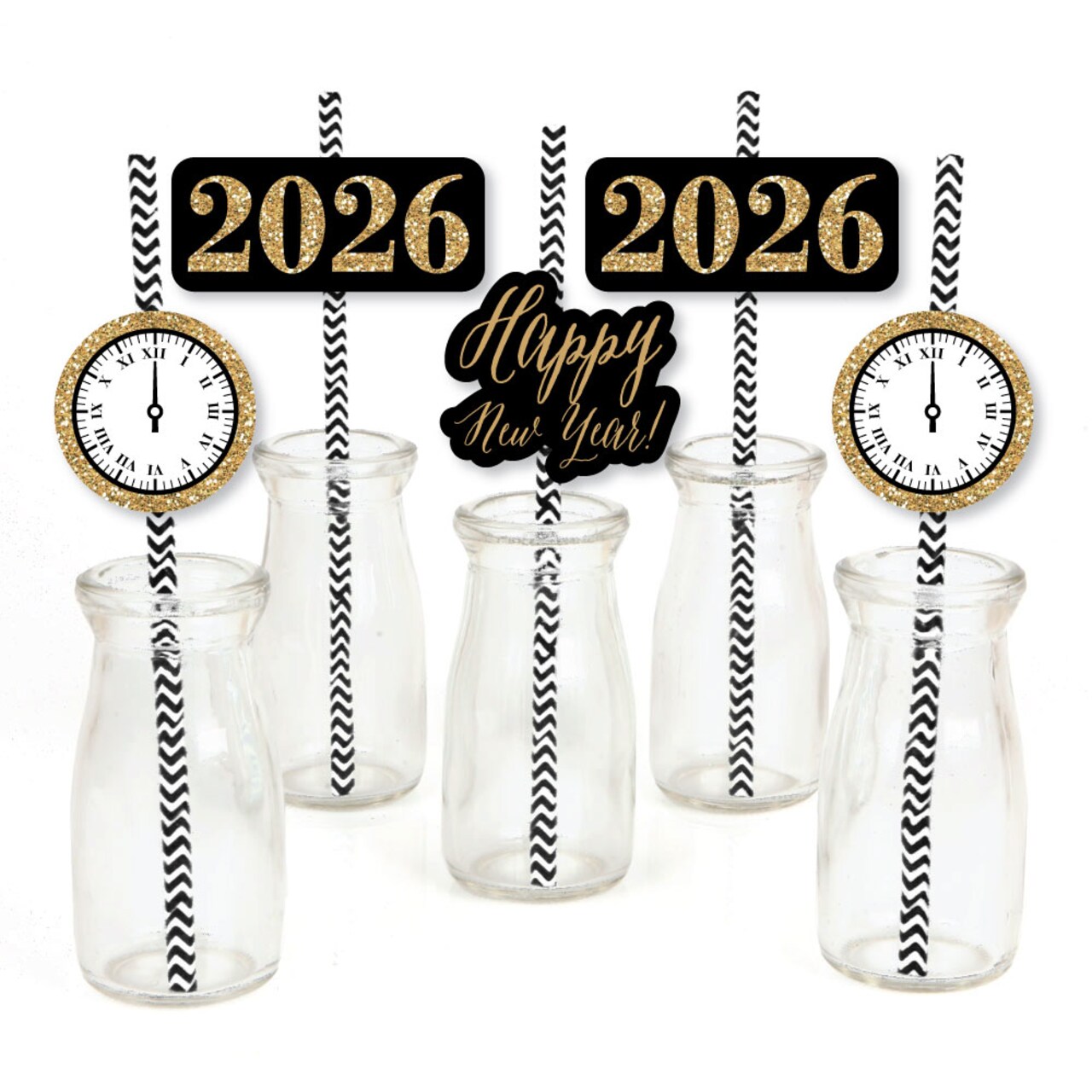 Big Dot of Happiness New Year's Eve - Gold Paper Straw Decor - 2026 New Years Eve Party Striped Decorative Straws - Set of 24